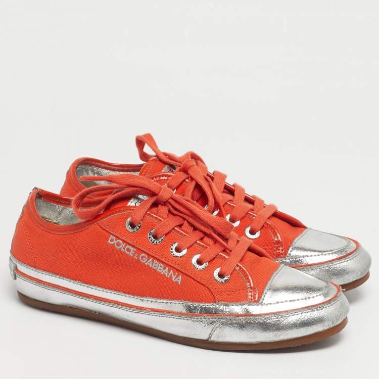 Pre Owned Dolce & Gabbana Orange/Sliver Leather and Canvas Lace Up Low Top Sneakers Size 37