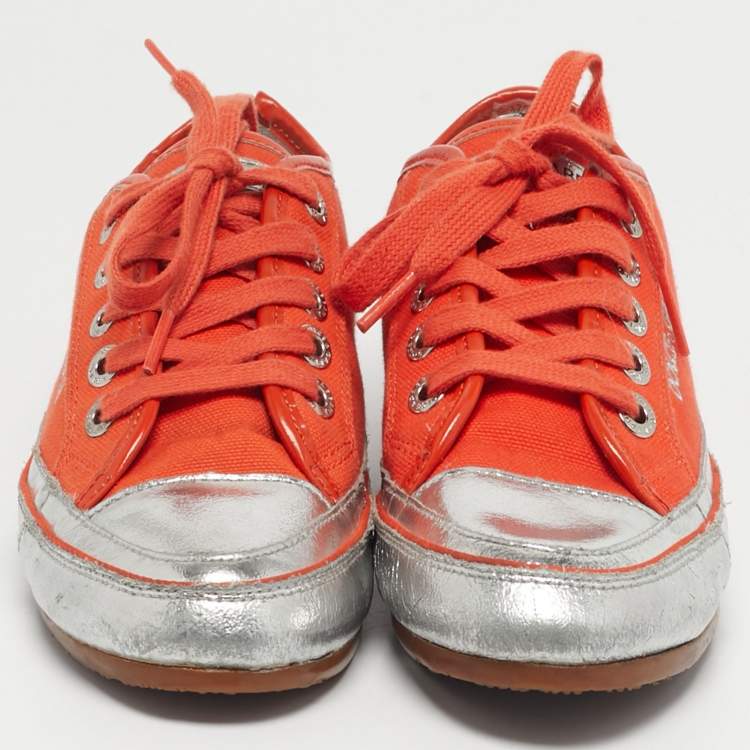 Pre Owned Dolce & Gabbana Orange/Sliver Leather and Canvas Lace Up Low Top Sneakers Size 37