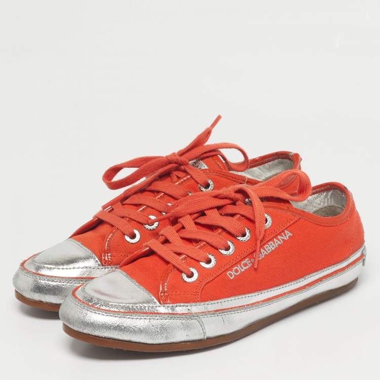 Pre Owned Dolce & Gabbana Orange/Sliver Leather and Canvas Lace Up Low Top Sneakers Size 37