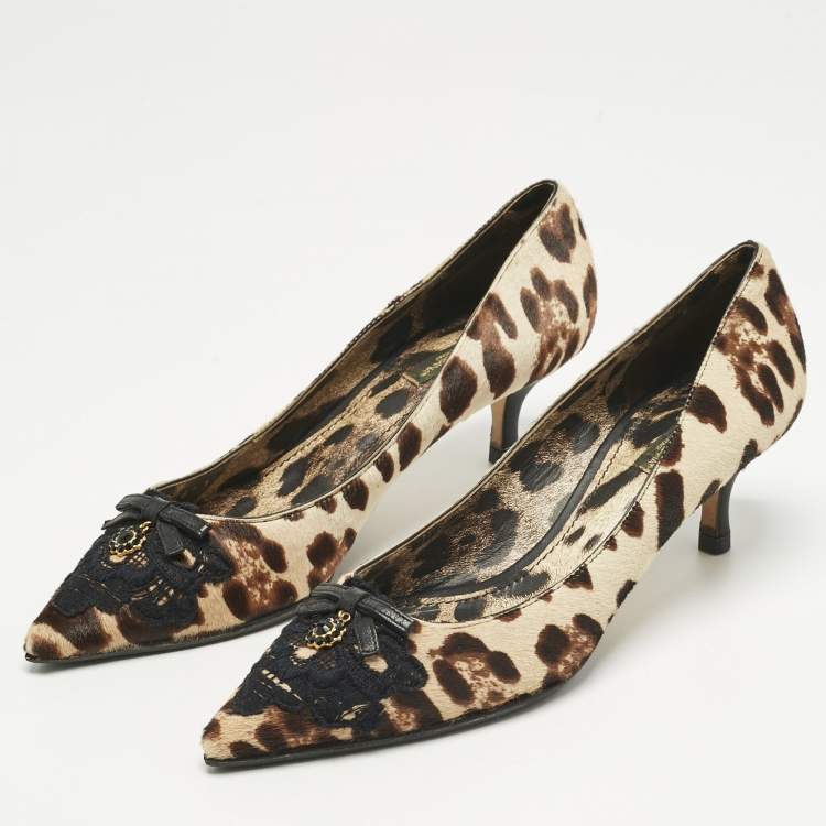 Pre Owned Dolce & Gabbana Brown/Beige Calf Hair Bow Pointed Toe Pumps Size 37