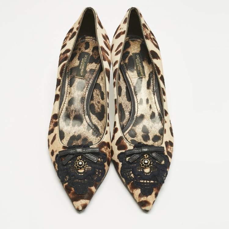 Pre Owned Dolce & Gabbana Brown/Beige Calf Hair Bow Pointed Toe Pumps Size 37