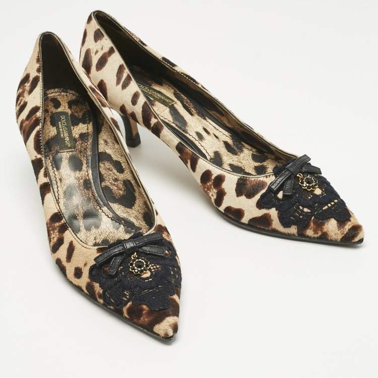 Pre Owned Dolce & Gabbana Brown/Beige Calf Hair Bow Pointed Toe Pumps Size 37