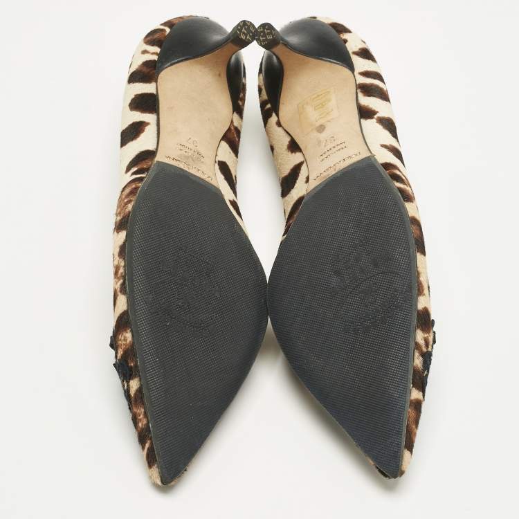 Pre Owned Dolce & Gabbana Brown/Beige Calf Hair Bow Pointed Toe Pumps Size 37