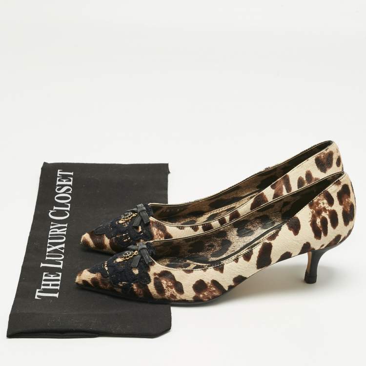 Pre Owned Dolce & Gabbana Brown/Beige Calf Hair Bow Pointed Toe Pumps Size 37