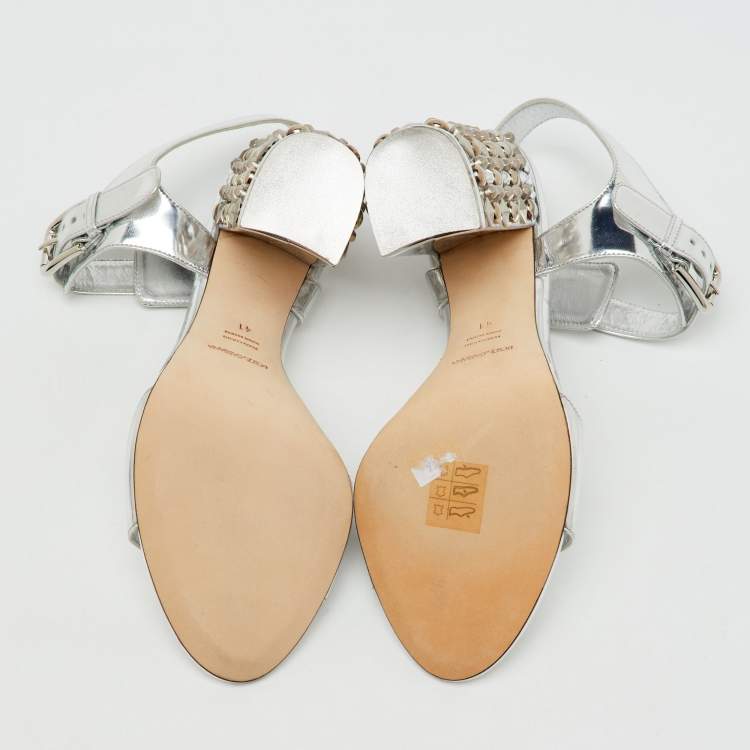 Pre Owned Dolce & Gabbana Silver Leather Embellished Block Heel Ankle Strap Sandals Size 41