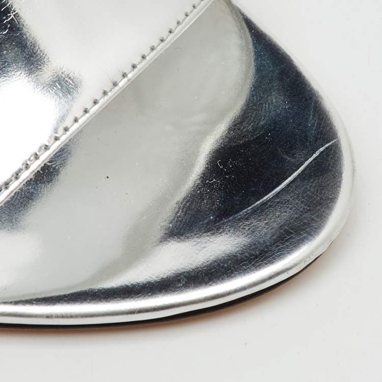 Pre Owned Dolce & Gabbana Silver Leather Embellished Block Heel Ankle Strap Sandals Size 41