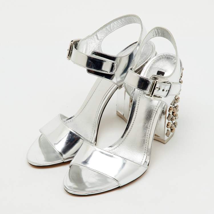 Pre Owned Dolce & Gabbana Silver Leather Embellished Block Heel Ankle Strap Sandals Size 41