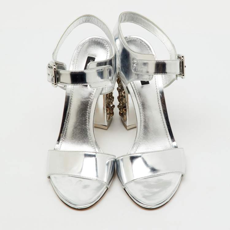 Pre Owned Dolce & Gabbana Silver Leather Embellished Block Heel Ankle Strap Sandals Size 41