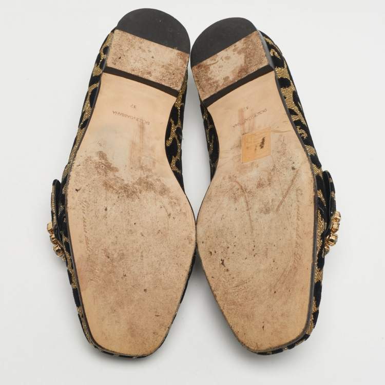 Pre Owned Dolce & Gabbana Black/Gold Lurex Fabric Jackie Smoking Slippers Size 37