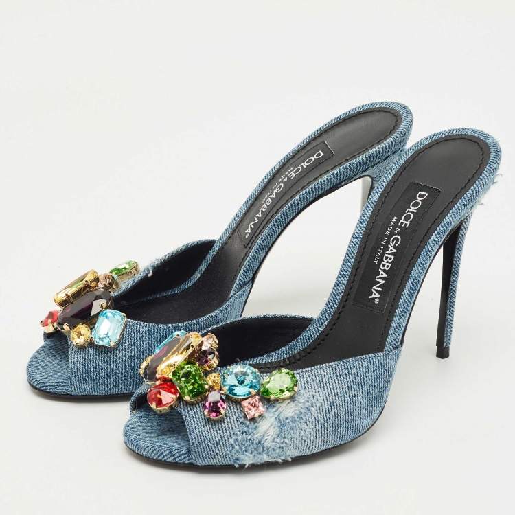 Pre Owned Dolce & Gabbana Blue Denim Stiletto Heel Peep toe Slide Sandals Size 37.5