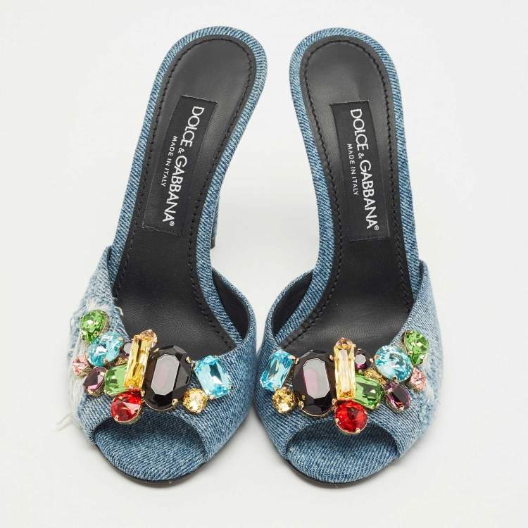 Pre Owned Dolce & Gabbana Blue Denim Stiletto Heel Peep toe Slide Sandals Size 37.5