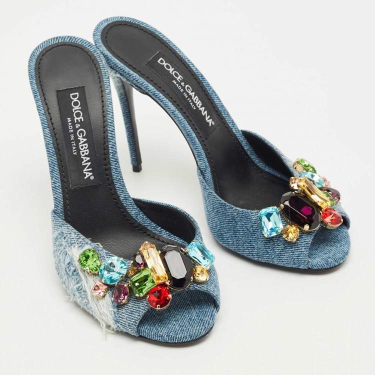 Pre Owned Dolce & Gabbana Blue Denim Stiletto Heel Peep toe Slide Sandals Size 37.5