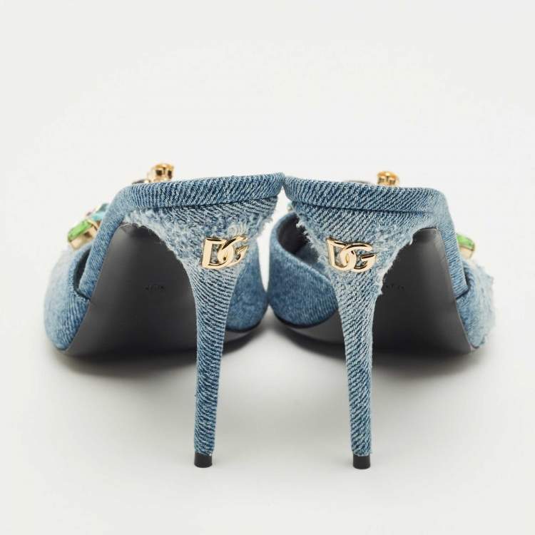 Pre Owned Dolce & Gabbana Blue Denim Stiletto Heel Peep toe Slide Sandals Size 37.5