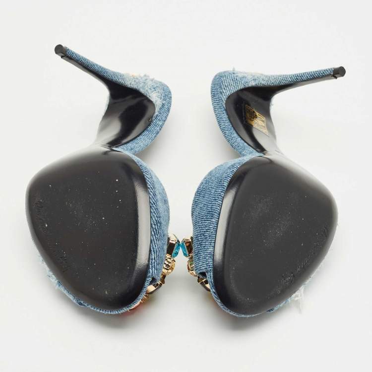 Pre Owned Dolce & Gabbana Blue Denim Stiletto Heel Peep toe Slide Sandals Size 37.5