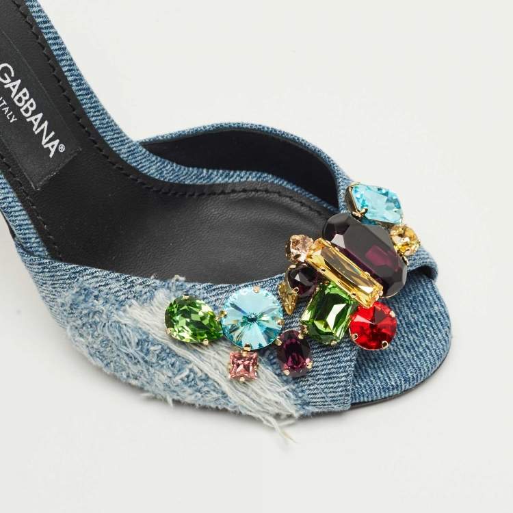 Pre Owned Dolce & Gabbana Blue Denim Stiletto Heel Peep toe Slide Sandals Size 37.5