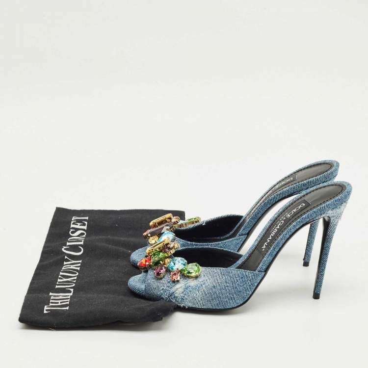 Pre Owned Dolce & Gabbana Blue Denim Stiletto Heel Peep toe Slide Sandals Size 37.5