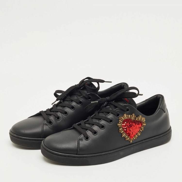 Pre Owned Dolce & Gabbana Black Leather DG Heart Sneakers Size 39