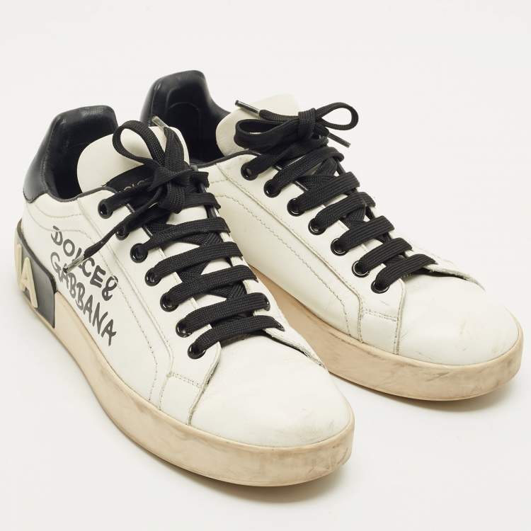 Pre Owned Dolce & Gabbana White/Black Leather Portofino Low Top Sneakers Size 37