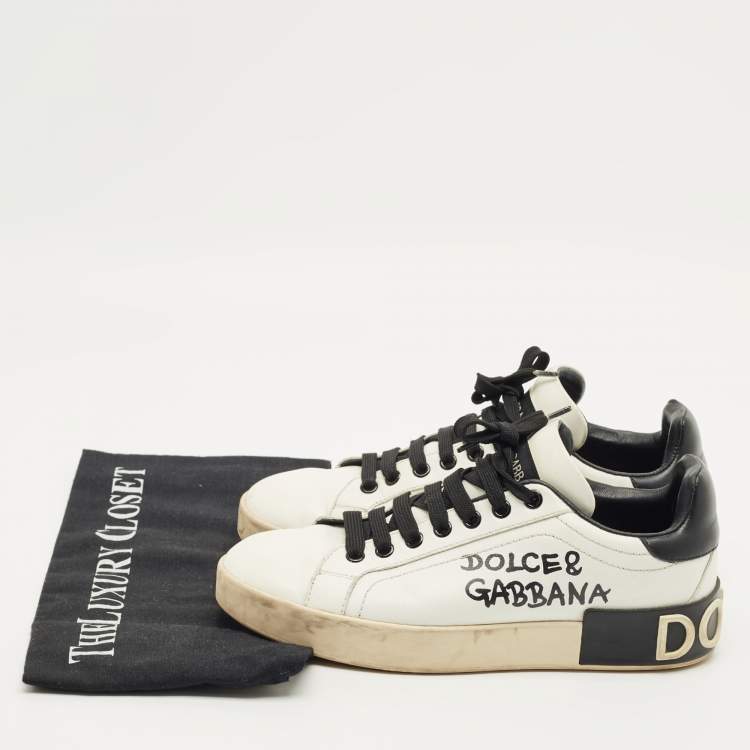 Pre Owned Dolce & Gabbana White/Black Leather Portofino Low Top Sneakers Size 37