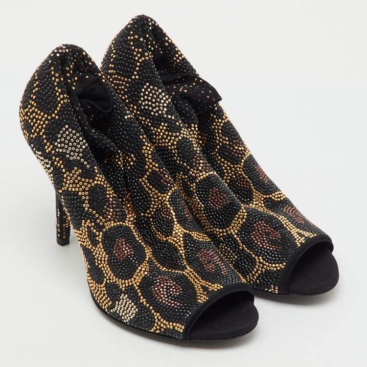 Pre Owned Dolce & Gabbana Black Stretch Fabric Metal Rhinestone Embellished Ankle Boots Size 36