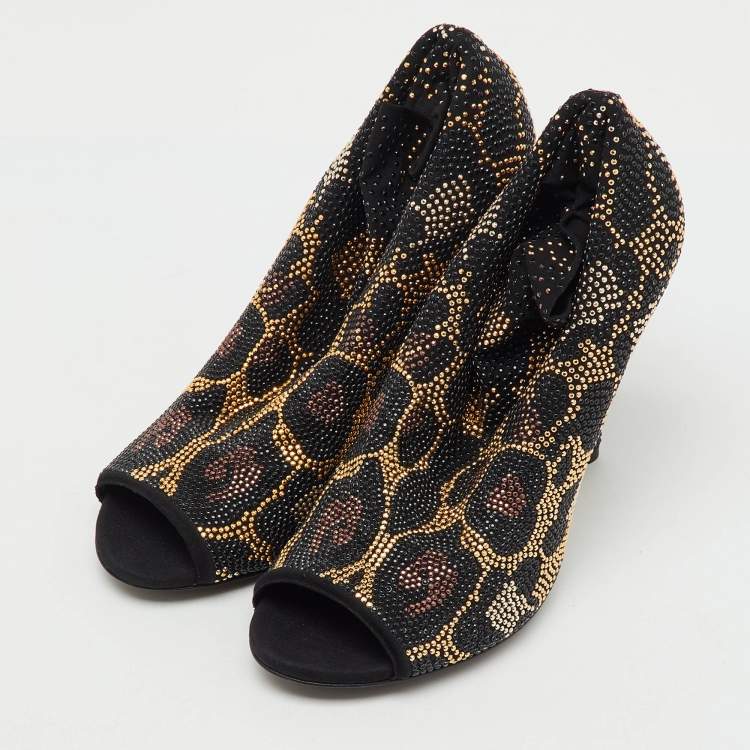 Pre Owned Dolce & Gabbana Black Stretch Fabric Metal Rhinestone Embellished Ankle Boots Size 36