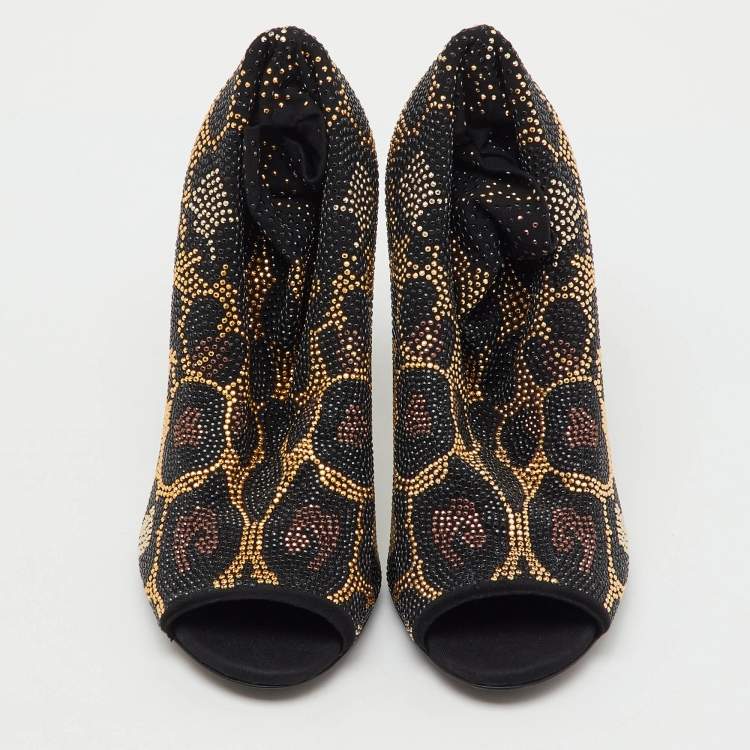 Pre Owned Dolce & Gabbana Black Stretch Fabric Metal Rhinestone Embellished Ankle Boots Size 36