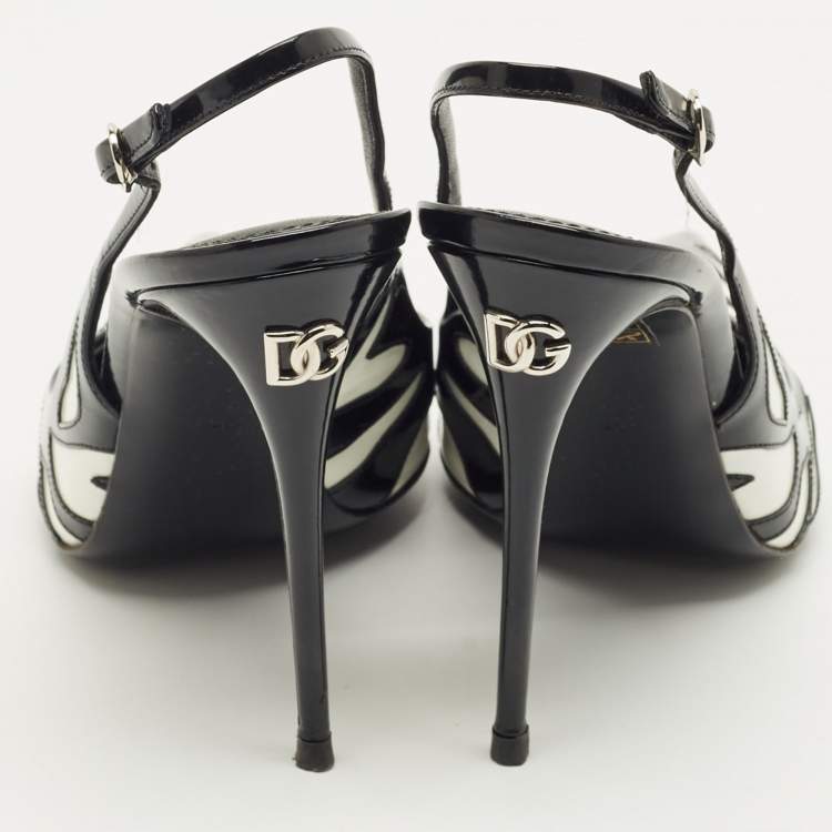 Pre Owned Dolce & Gabbana White/Black Patent Leather Pointed Toe Slingback Pumps Size 40