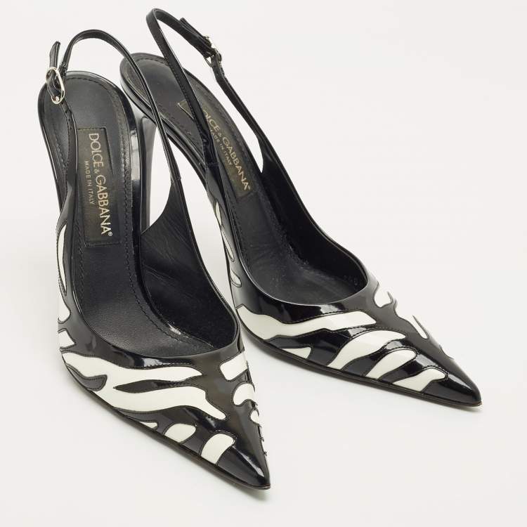 Pre Owned Dolce & Gabbana White/Black Patent Leather Pointed Toe Slingback Pumps Size 40