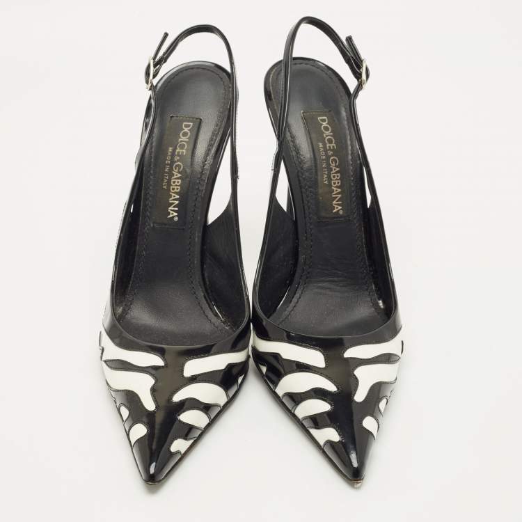 Pre Owned Dolce & Gabbana White/Black Patent Leather Pointed Toe Slingback Pumps Size 40