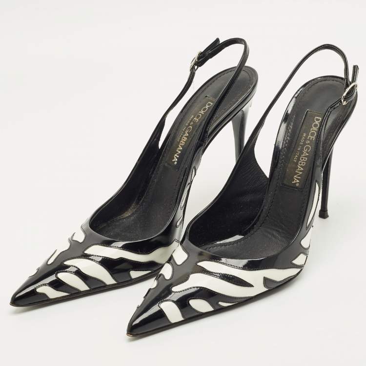 Pre Owned Dolce & Gabbana White/Black Patent Leather Pointed Toe Slingback Pumps Size 40