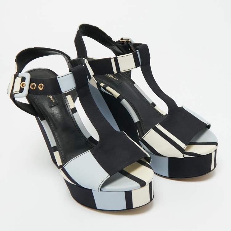 Pre Owned Dolce & Gabbana Tricolor Fabric T Strap Wedge Platform Sandals Size 39.5