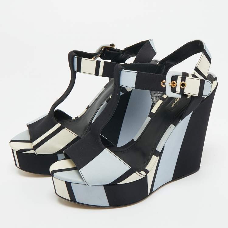 Pre Owned Dolce & Gabbana Tricolor Fabric T Strap Wedge Platform Sandals Size 39.5