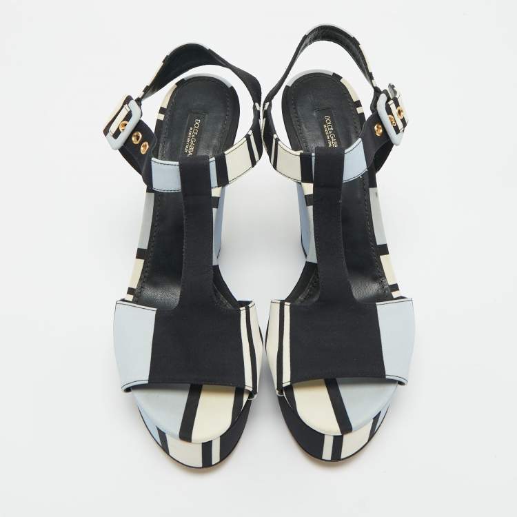 Pre Owned Dolce & Gabbana Tricolor Fabric T Strap Wedge Platform Sandals Size 39.5