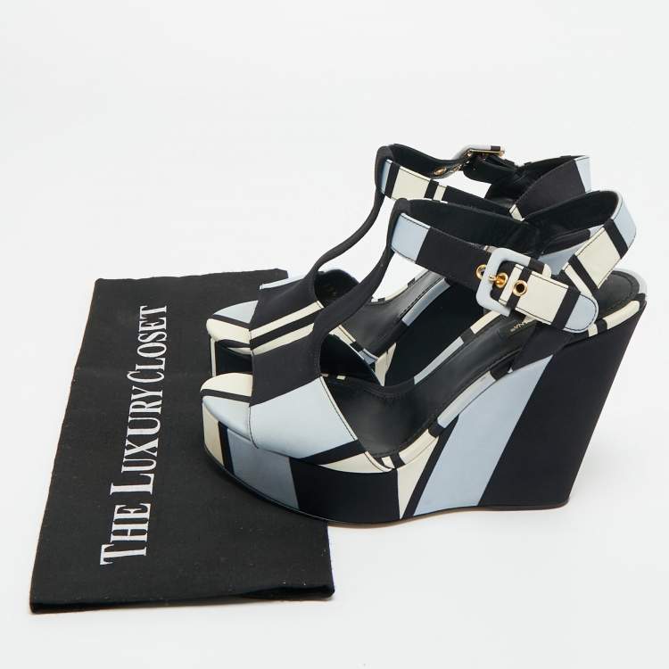 Pre Owned Dolce & Gabbana Tricolor Fabric T Strap Wedge Platform Sandals Size 39.5