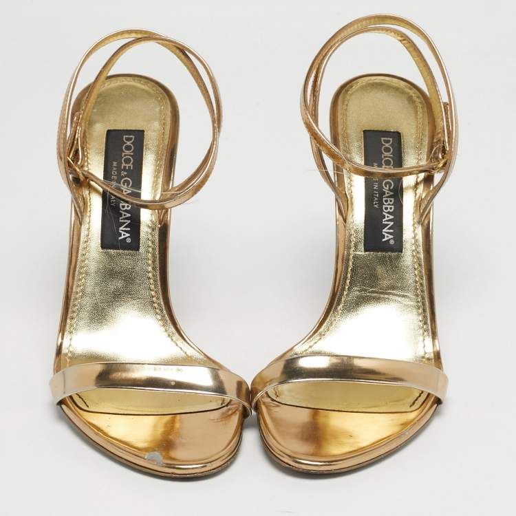 Pre Owned Dolce & Gabbana Gold Leather Keira Ankle Strap Sandals Size 40