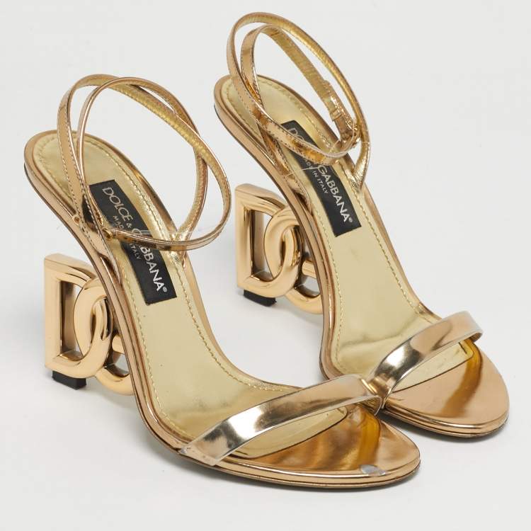 Pre Owned Dolce & Gabbana Gold Leather Keira Ankle Strap Sandals Size 40