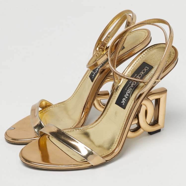 Pre Owned Dolce & Gabbana Gold Leather Keira Ankle Strap Sandals Size 40
