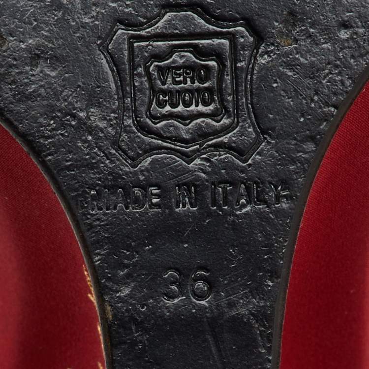 Pre Owned Dolce & Gabbana Red Fabric Embroidered Accent Wedge Ankle Strap Sandals Size 36