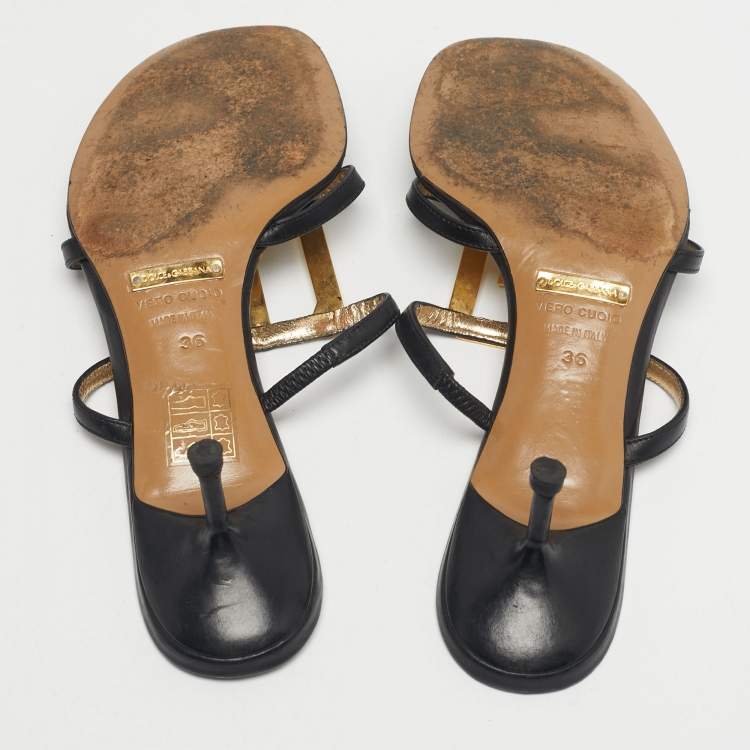 Pre Owned Dolce & Gabbana Black Leather Logo Plaque Thong Sandals Size 36