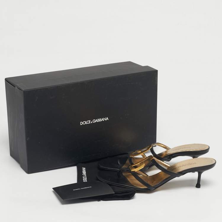 Pre Owned Dolce & Gabbana Black Leather Logo Plaque Thong Sandals Size 36