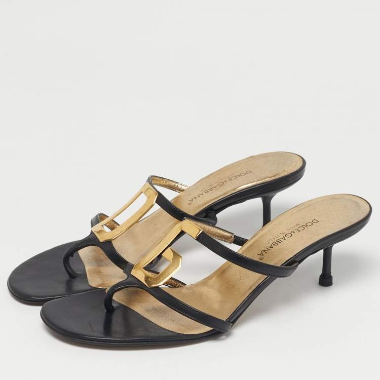 Pre Owned Dolce & Gabbana Black Leather Logo Plaque Thong Sandals Size 36