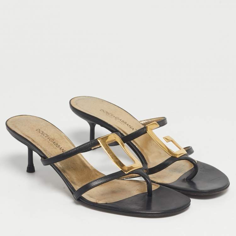 Pre Owned Dolce & Gabbana Black Leather Logo Plaque Thong Sandals Size 36