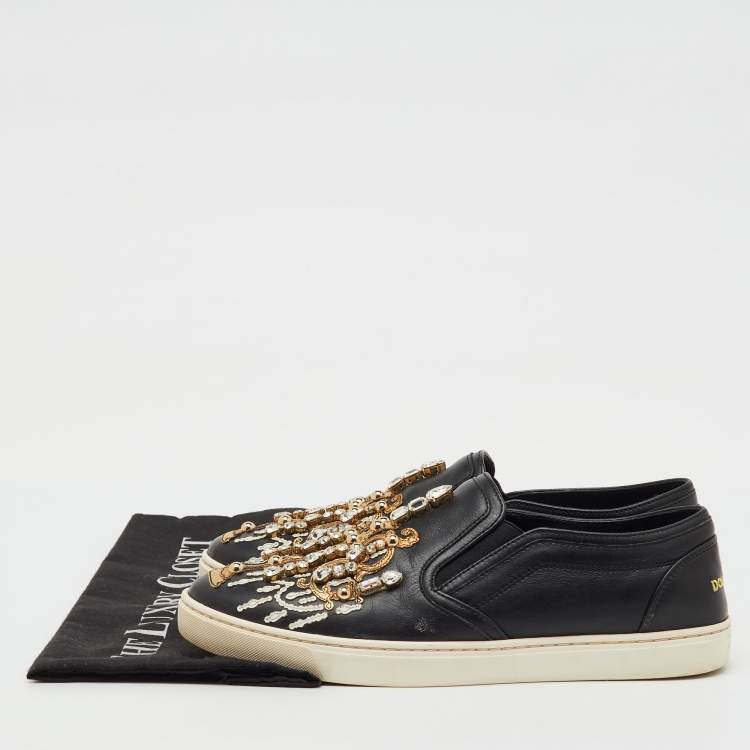 Pre Owned Dolce & Gabbana Black Leather Embellished Slip On Sneakers Size 39
