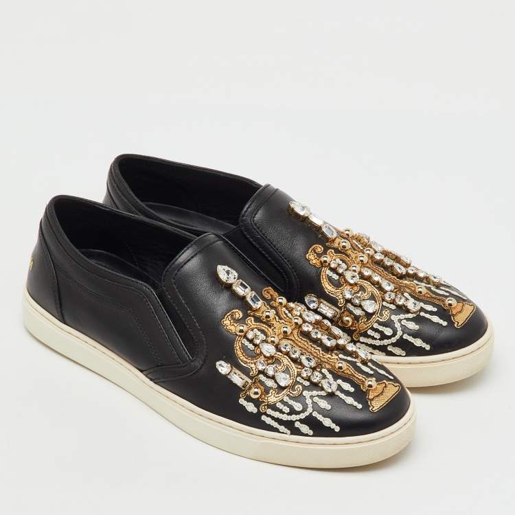Pre Owned Dolce & Gabbana Black Leather Embellished Slip On Sneakers Size 39