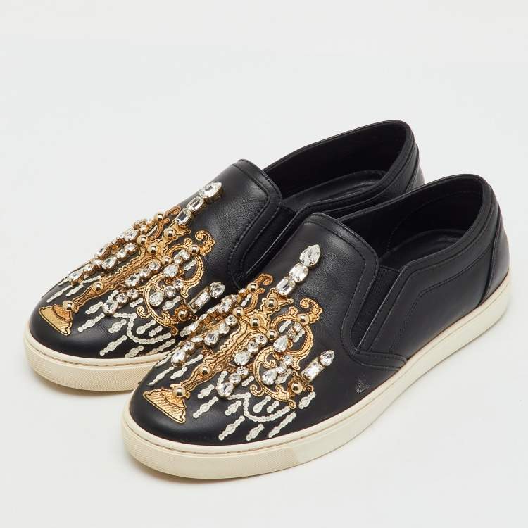 Pre Owned Dolce & Gabbana Black Leather Embellished Slip On Sneakers Size 39