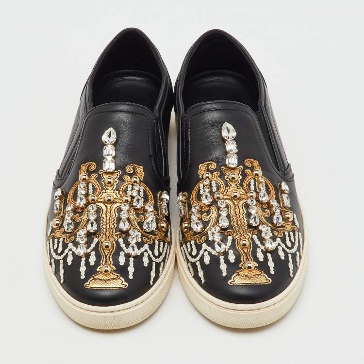 Pre Owned Dolce & Gabbana Black Leather Embellished Slip On Sneakers Size 39