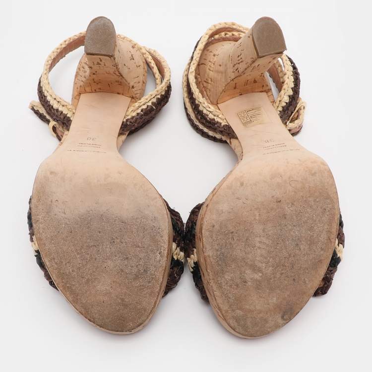 Pre Owned Dolce & Gabbana Beige/Brown Straw Crystal Embellished Ankle Strap Sandals Size 38