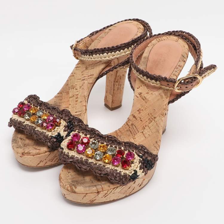 Pre Owned Dolce & Gabbana Beige/Brown Straw Crystal Embellished Ankle Strap Sandals Size 38