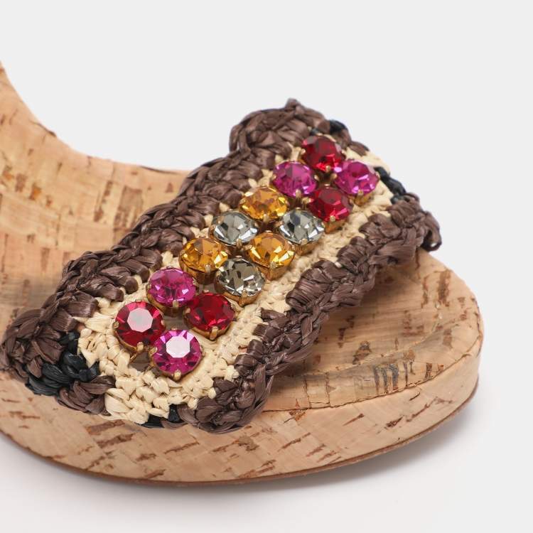 Pre Owned Dolce & Gabbana Beige/Brown Straw Crystal Embellished Ankle Strap Sandals Size 38
