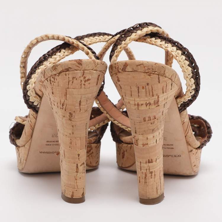Pre Owned Dolce & Gabbana Beige/Brown Straw Crystal Embellished Ankle Strap Sandals Size 38